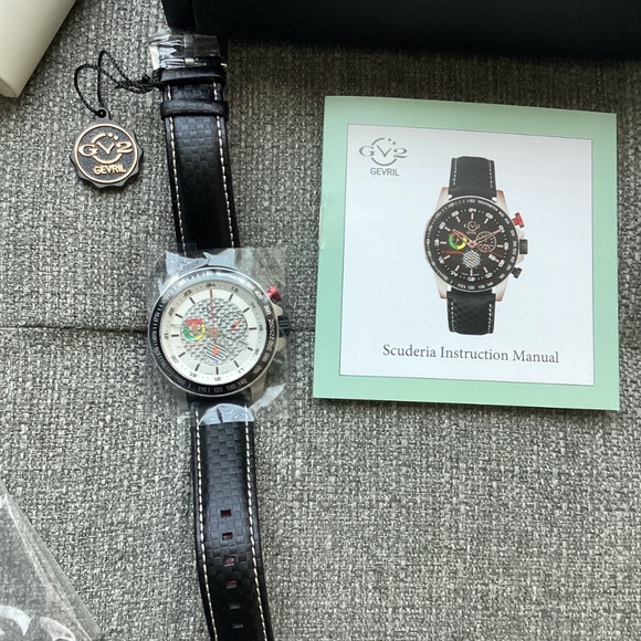 GEVRIL Men's GV2 Scuderia White Dial Black Leather Chronograph Date Watch, 45mm - Picture 5 of 13